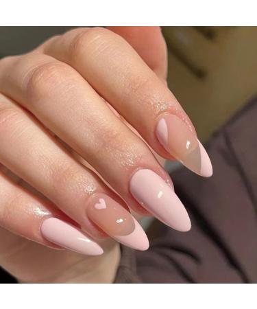 Runaway pink press on nails almond shape French tips fake nails for women girls nude nude nails press on full cover nails tips for salonnails