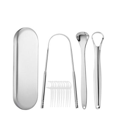 Mihify mart tongue scraper 5 PCs stainless steel tongue cleaner reusable tongue cleaner rustproof tongue brush cleaner mouth cleaning tools with 10 dental floss picks for adult children silver silver