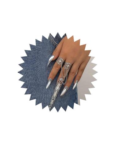 TseenYi Fingertip Claw Rings Bracelet Silver Knuckle Hand Chain Finger Nail Tip Claw Bracelet Hollow Flower Filigree Finger Bracelet Finger Hand Harness Jewelry for Women and Girls