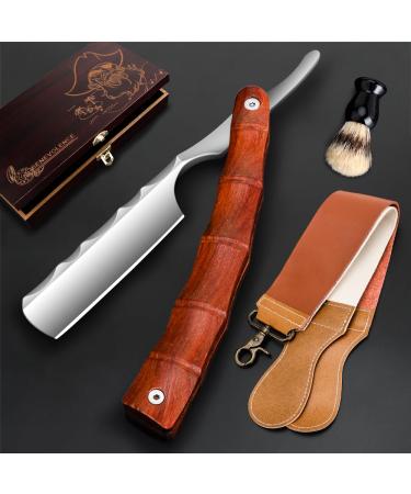 Professional Straight Blade Razor Kit with Strop - Straight Edge Barber Razor Stainless Steel Sharp Shaver Razor for Men Home & Salon Grooming Using (Brown)
