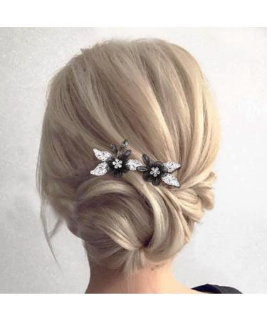 Casdre Black Flower Bride Wedding Hair Pins - Silver Crystal Bridal Hair Pieces (Pack of 2) - Buy Online on GoSupps.com