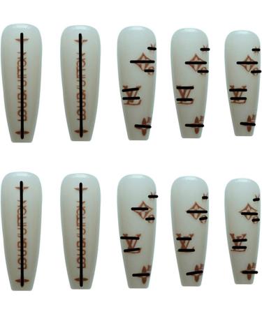 Inateannal Glossy Long False Nails Beige Graffiti Fake Nails French Ballerina Coffin False Nails Stick on Nails Tips for Women and Girls style 1 - Buy Online on GoSupps.com