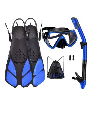 Mask Fins Snorkel Set 5 in 1 Professional Snorkeling Gear for Adults Anti-Fog Tempered Glass Scuba Gear for Snorkeling Swimming Scuba Diving, Blue L/XL(Adults 9-13)