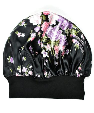 Satin Sleep Bonnet for Curly Hair | Large Silk Night Cap for Women - Floral Black - Buy Online on GoSupps.com