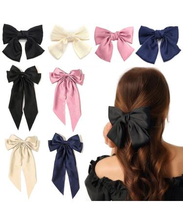 8Pcs Big Bow Hair Clips  FHDUSRYO Solid Color Large Hair Bow Pins Bowknot  French Barrette with Long Silky Satin Ribbon  Hair Slides Accessories for Women Girls Lolita Party Mother's Day Gift