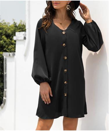 Shop Stylish Black V-Neck Lantern Sleeve Casual Dress for Women - Knee-Length XL Solid Color Button Dress - Buy Online on GoSupps.com