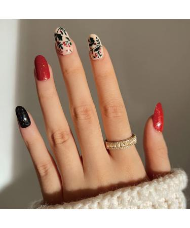 Vatocu Christmas False Nails Short Red Press on Nails - Snowflake Elk Snowman Design (24pcs) | Acrylic Stick on Nails for Women and Girls - Buy Online on GoSupps.com