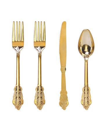 WDF 200 Pieces Gold Plastic Silverware Disposable - 50 Guests Gold Plastic Cutlery - Gold Plastic Utensils Includes 100 Forks, 50 Spoons, 50 Knives Perfect for Wedding or Party Gold - 200PCS