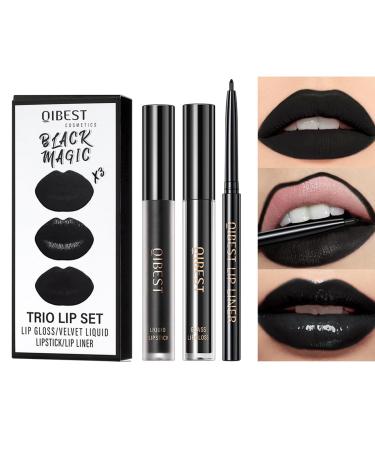 Pakivs 3Pcs Black Matte Liquid Lipstick Lip Liner Lip Gloss Trio Lip Set Waterproof Long-Lasting Moisturizing Velvety Lip Stain One Step Lips Makeup Kits (12#)