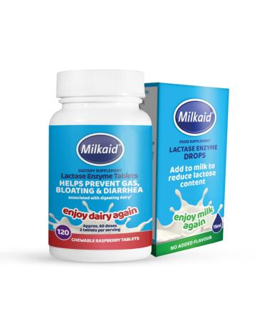 Milkaid Lactase Enzyme Drops & Milkaid Tablets for Lactose Intolerance Relief | Prevents Gas, Bloating & Diarrhea | Dairy Digestive Supplement | 0.5 Fl Oz & 120 Raspberry Flavored Tablets