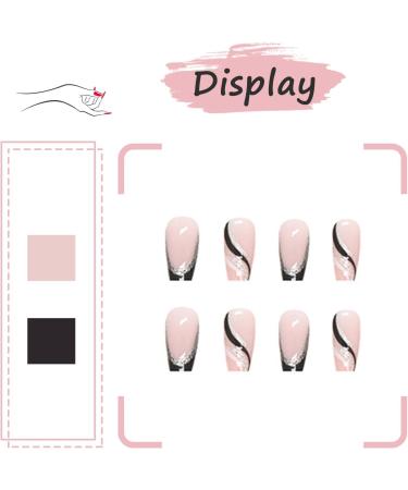 24Pcs Pink Ballerina French Press On Nails Medium Coffin False Nails - Removable Glue-on Fake Nails for Women - Black Acrylic Full Cover Nail Art Accessories - Buy Online on GoSupps.com
