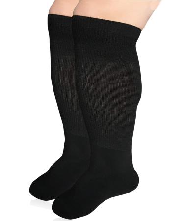Extra Width Diabetic Socks for Lymphedema, Bariatric Non Binding Knee High Sock for Swollen Edema Cast Feet Mens and Womens Legs, Slouch Boot Socks 2 Pairs Black (2 Pairs)