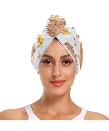 Mushroom Leaf Hedgehogs Hair Towel 2 Pack Super Absorbent Hair Drying Towel Quick Dry Hair Turbans Head Towel with Button Twisty Wrap for Women Girls