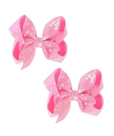 AMYDECOR 6 Inch Pink Sparkly Glitter Sequin Hair Bows for Girls Toddlers Kids Children Teenage (2PCS)
