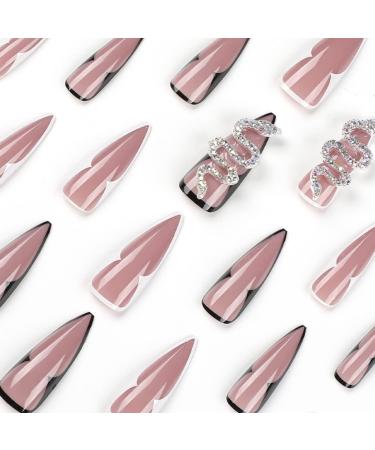 Justotry 24 Pcs 3D Stiletto Fake Nails: Snake White & Black French Press On Almond Nails for Women - Long Glue-On False Nails for Nail Art - Buy Online on GoSupps.com