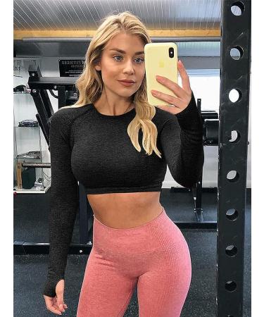 Stylishine Seamless Long Sleeve Crop Top | Black | Small | Yoga Athletic Shirt - Buy Online on GoSupps.com