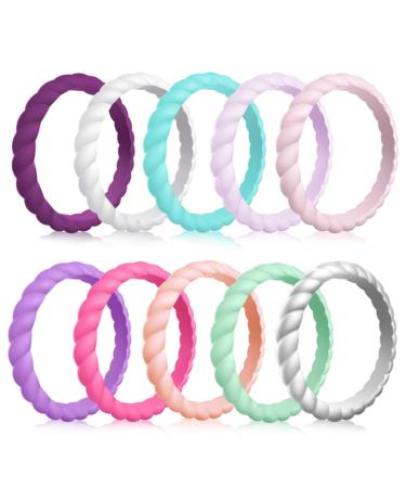 Forthee 10 Pack Silicone Wedding Ring for Women Thin and Braided Rubber Band Fashion Colorful Comfortable fit Skin Safe C: Braided Rings: Lavender Dark purple White Sky blue Pink Purple Rose red Pink gold Light mint Green Silver 6(16.5mm)