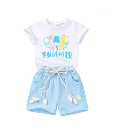 YOUNGER TREE Toddler Baby Girls Clothes Watermelon T-shirt + Linen Shorts with Belt Cute Summer Short Set 130 Popsicles