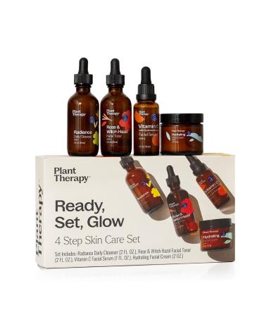 Plant Therapy Ready Set Glow- 4 Step Skin Care Set Includes Radiance Gel-Cream Cleanser Rose & Witch Hazel Facial Toner Vitamin C with Hyaluronic Acid Facial Serum & Hydrating Facial Cream