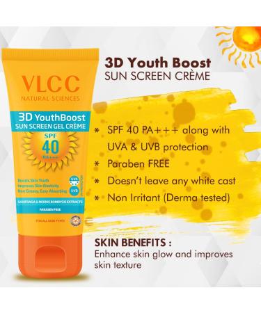 VLCC 3D Youth Boost SPF40 Sun Screen Gel Creme (100gm) - UV Protection for Youthful Skin - Buy Online on GoSupps.com