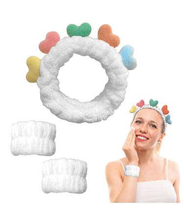 3 Pieces Love Heart Headband and Wrist Straps Set for Washing Face Spa Soft Elastic Facial Care Hairband Cute Headband Wristbands for Women Girls Shower Sports Makeup Bath