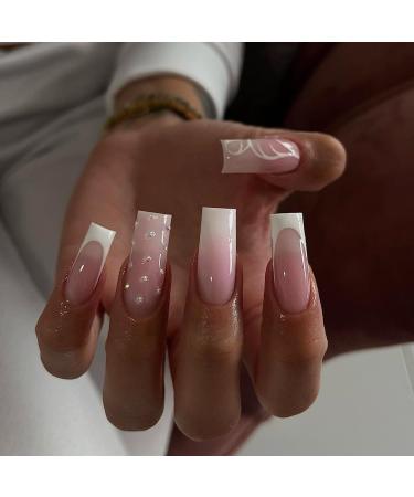 Mouyouglow Press on Nails Lang Square ombre pink white French 3D Rhinestones butterfly print fake nails with nail glue pink artificial fingernails W8