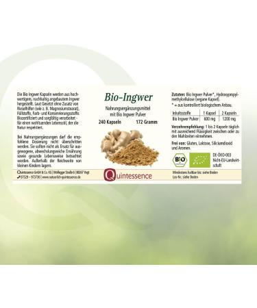 Quintessence Organic Ginger Capsules - High Dose 600mg Vegan Gluten-Free 240 Caps - Pure Quality No Additives - Buy Online on GoSupps.com