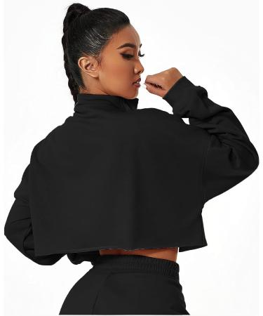 HerGymClothing Women's Patchwork Cropped Sweatshirt - Black Medium | Half Zip Stand Collar Athletic Jacket for Workout - Buy Online on GoSupps.com