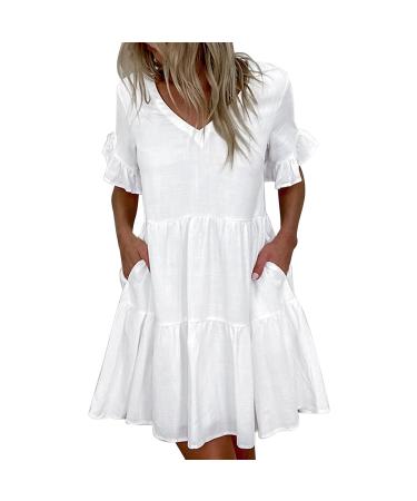 Casual Summer Dress for Women,Solid V-Neck Short Sleeve Mini Dress Flowy Ruffle White A-Line Dress with Pocket White XX-Large