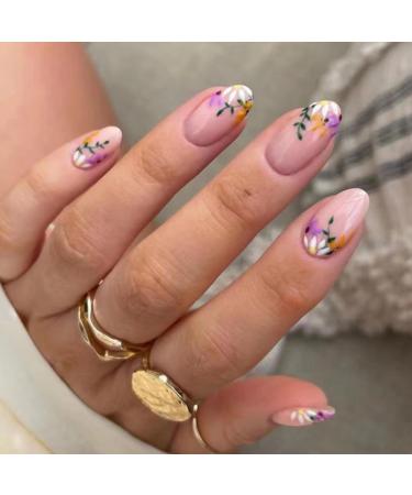 Justotry 24 pieces purple and white flowers almond nails to stick on short glossy press on nails nude oval artificial nails fake nails medium for nails art French fingernails for sticking for women purple & floral 2