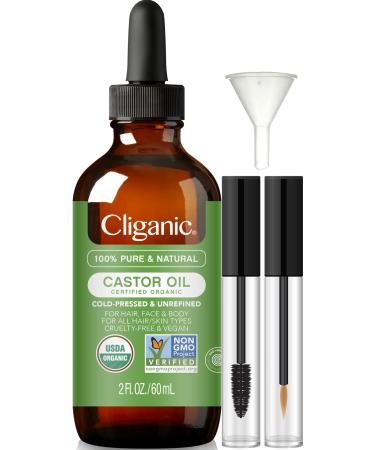 Cliganic Organic Castor Oil  100% Pure (2oz with Eyelash Kit) - For Eyelashes  Eyebrows  Hair & Skin