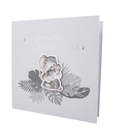 Happy Homewares Grey Elephant Themed Cute Baby Growth Records Book with 32 Pages to Personalise | First Adventure Picture Spaces Envelope for First Haircut First Christmas etc Record Book