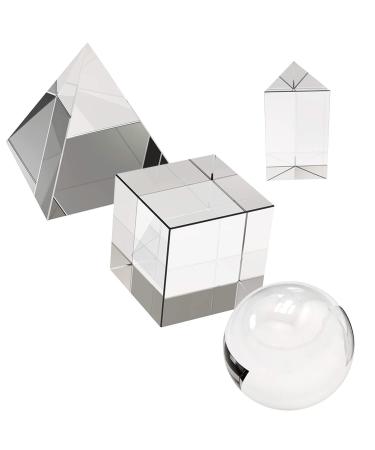 4 Pack K9 Optical Crystal Photography Prism Set, Include 55mm Crystal Ball, 50mm Crystal Cube, 50mm Triangular Prism, 60mm Optical Pyramid with Gift Box& Wipe Cloth for Teaching, Playing, Photography