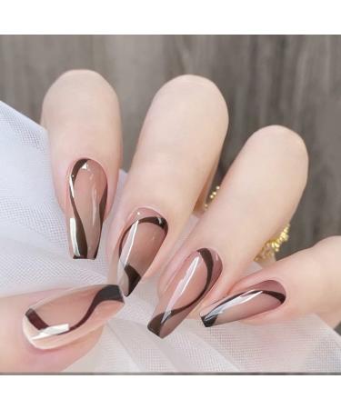 24 Pieces French False Nails Short Press on Nails Black Wavy Lines Almond Nails Fake Nail Set with Nail Adhesive Tabs Full Cover Stick on Nails for Women Girls