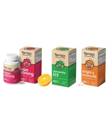 Renzo's Vitamins Mighty Kid Bundle - Iron Supplements for Kids Vitamin D3 for Kids and Bright & Brainy Vitamin B6