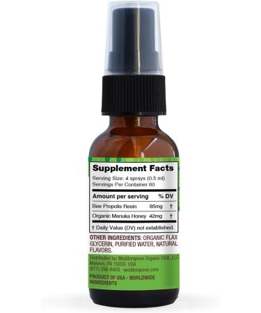 Wedderspoon Propolis & Manuka Honey Throat Spray - Natural Sore Throat Relief with Chamomile & Mint | Immune Support | 1 Fl Oz - Buy Online on GoSupps.com