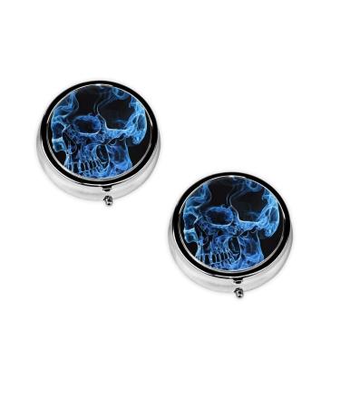 (Blue Skull) Round Pill Box 3 Compartment Pill Box Mini Decorative Pocket Purse Portable Travel Medicine Tablet Vitamin Holder Organizer Pill Case Black