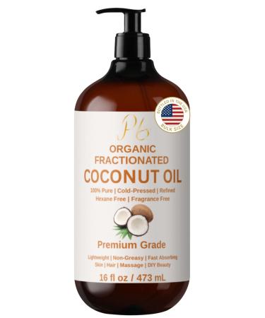 Pomberries Organic Fractionated Coconut Oil 16 fl oz Glass Bottle | 100% Pure & Natural Lightweight Coconut Oil for Skin Hair & Body | Carrier Oil for Essential Oils Massage & DIY Blends
