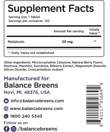 Balance Breens Melatonin 20mg Fast-Dissolve Tablets - Natural Berry Flavor | Non-Habit Forming Sleep Aid for Falling Asleep Faster & Staying Asleep Longer | Non-GMO, Gluten-Free, Vegan - 120 Count - Buy Online on GoSupps.com