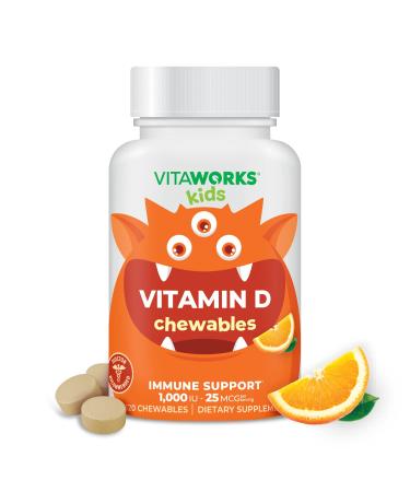 VitaWorks Kids Vitamin D 1000 IU Chewable Tablets - Tasty Natural Orange Flavor - Vegan GMO-Free Gluten Free Nut Free Vitamins - Dietary Supplement for Immune Support - for Children - 120 Chewables - Buy Online on GoSupps.com