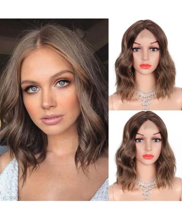 Kalyss 12" Synthetic Lace Front Wigs for Women Short Wavy Bob Wig Middle Part Brown Highlight Wig for Daily Wear