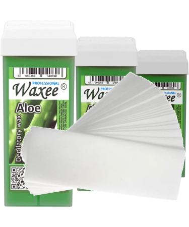 3 x 100ml roll on roller wax cartridge and 50 waxing strips Waxee (Wide roller (legs & body) Aloe)