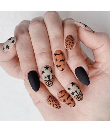 24Pcs Halloween Press on Nails Short Almond - YEFIUO Frosted Orange Fake Nails Press ons French Nail Art Tip Glue on Nails Bat Pumpkin Leopard Print Design Full Cover Acrylic False Nails Stick on Nail Style A6