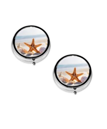 (Beach Theme) Round Pill Box 3 Compartment Pill Box Mini Decorative Pocket Purse Portable Travel Medicine Tablet Vitamin Holder Organizer Pill Case
