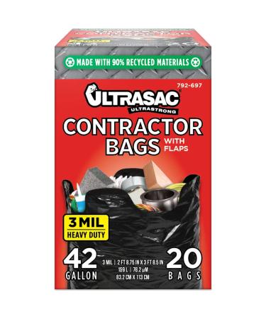 Ultrasac Contractor Bags 42 Gallon (20 Pack/w Flap Ties), 2.9' x 3.95' - 3 MIL Thick Large Black Heavy Duty Industrial Garbage Trashbags for Professional Construction and Commercial use