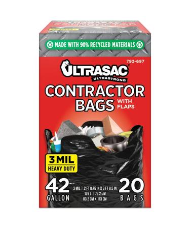 Ultrasac Contractor Bags 42 Gallon (20 Pack/w Flap Ties), 2.9' x 3.95' - 3 MIL Thick Large Black Heavy Duty Industrial Garbage Trashbags for Professional Construction and Commercial use - Buy Online on GoSupps.com