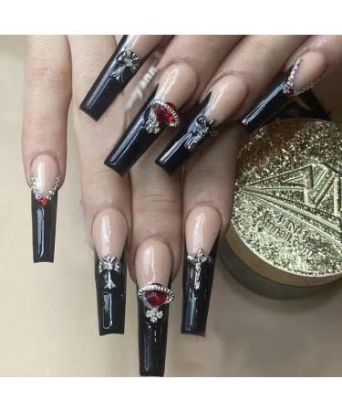 MENILITHS 24Pcs/Set Long False Nails French Black Planet Diamond False Nails Acrylic Fake Nails Full Cover Nails Tips Artificial Finger Manicure for Women and Girls