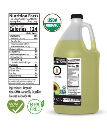AVO ORGANIC 100% AVOCADO Oil Frying  Baking  Non-stick Sauting  Salads  Vinaigrette  Marinades  Pan Coating  General Cooking 64 Fl-oz (Half a Gallon)  NO preservatives added  Naturally Processed - Buy Online on GoSupps.com