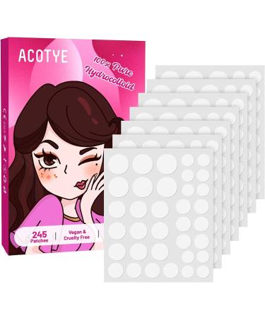 ACOTYE Pimple Patches 245PCS Acne Patch 100% Pure Hydrocolloid Patches No Extra Ingredients Added Spot Patches 4 Sizes Day&Night for All Skin Types (S 245)