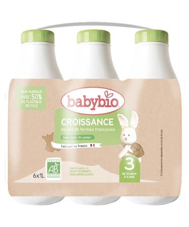 Babybio Liquid Growth Milk - 3rd Age from 10 Months - 6x1L - Organic Made in France & French Milk - Premium Formula: DHA/ARA